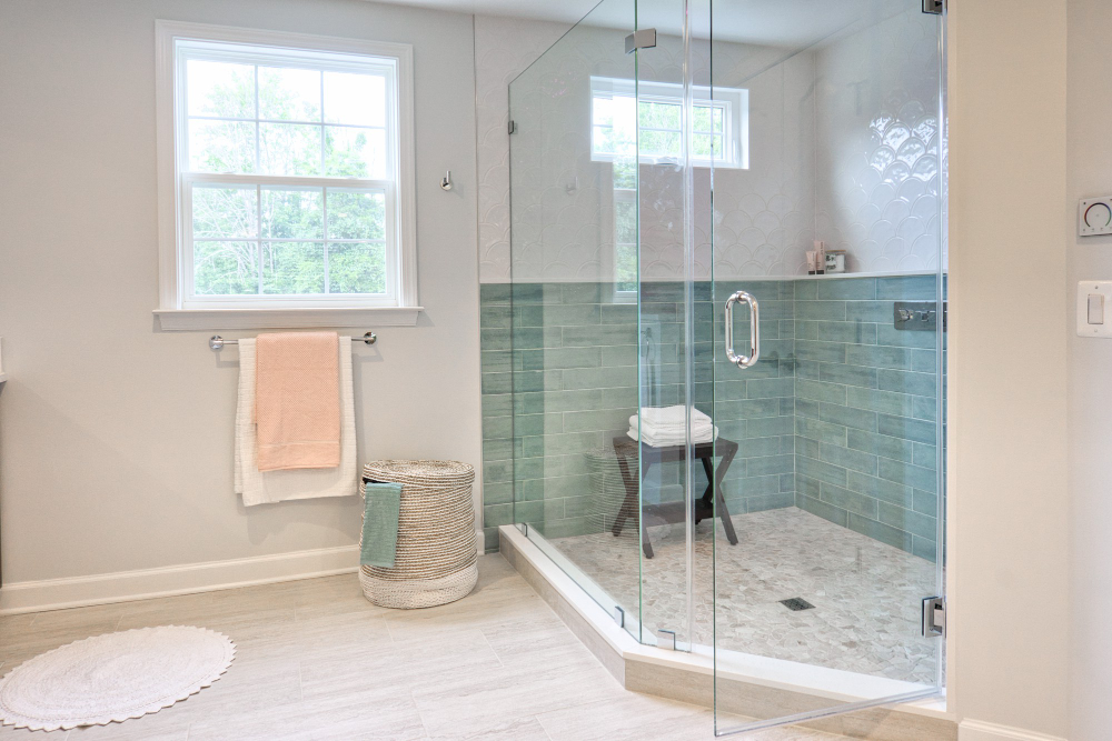 Bathroom with shower door